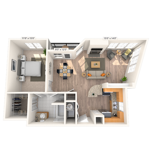 Floor plan for 1 bed, 1 bath, 827 sqft